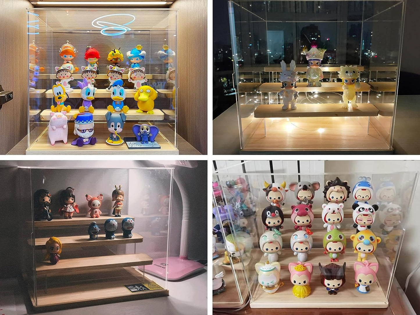 Clear Acrylic Display Case for Funko Pop Figures with Light, 3 Layer Stand Storage Cabinet Shelf Risers Protection Showcase Large Dustproof for Toys Collectibles Rock Stone Crystals, Wooden 32x26x29cm
