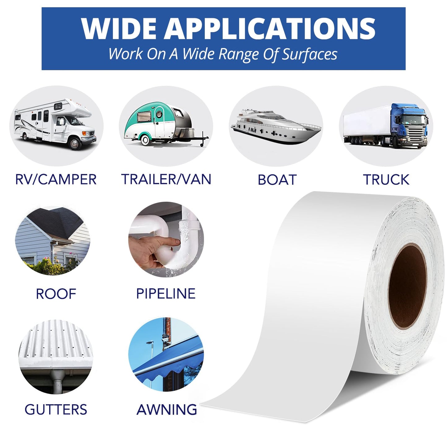 RV Roof Tape White, 4 Inch X 50 Feet RV Repair Sealant Tape, Stop Camper Roof Leaks, UV-Resistant, Weatherproof for Camper, Truck, Trailer, Boat