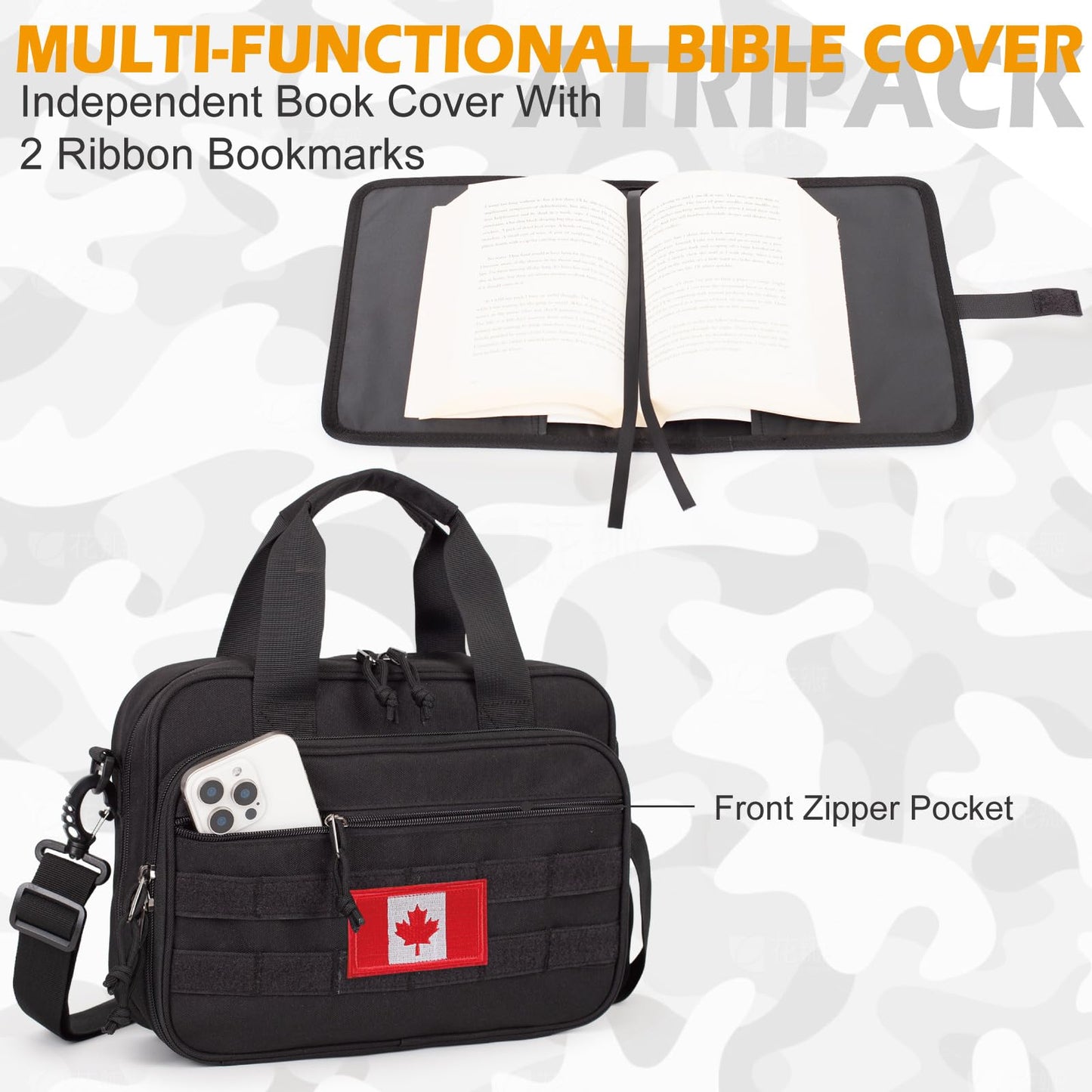 Tactical Large Bible Cover for Men,Double Layer Bibles Study Bag with Detachable Book Carrying Case, Covers for Bible Organizer with Zippered Pockets,Church Case with Handle.