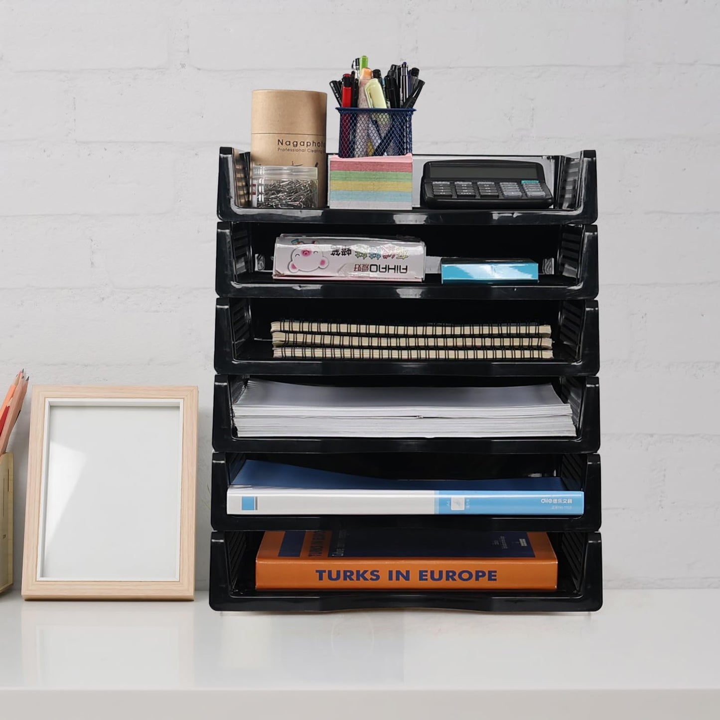 Lasbily 6 Tiers Stackable A4 File Tray, Plastic Desk Letter Tray, Stackable Office Letter Tray, Black
