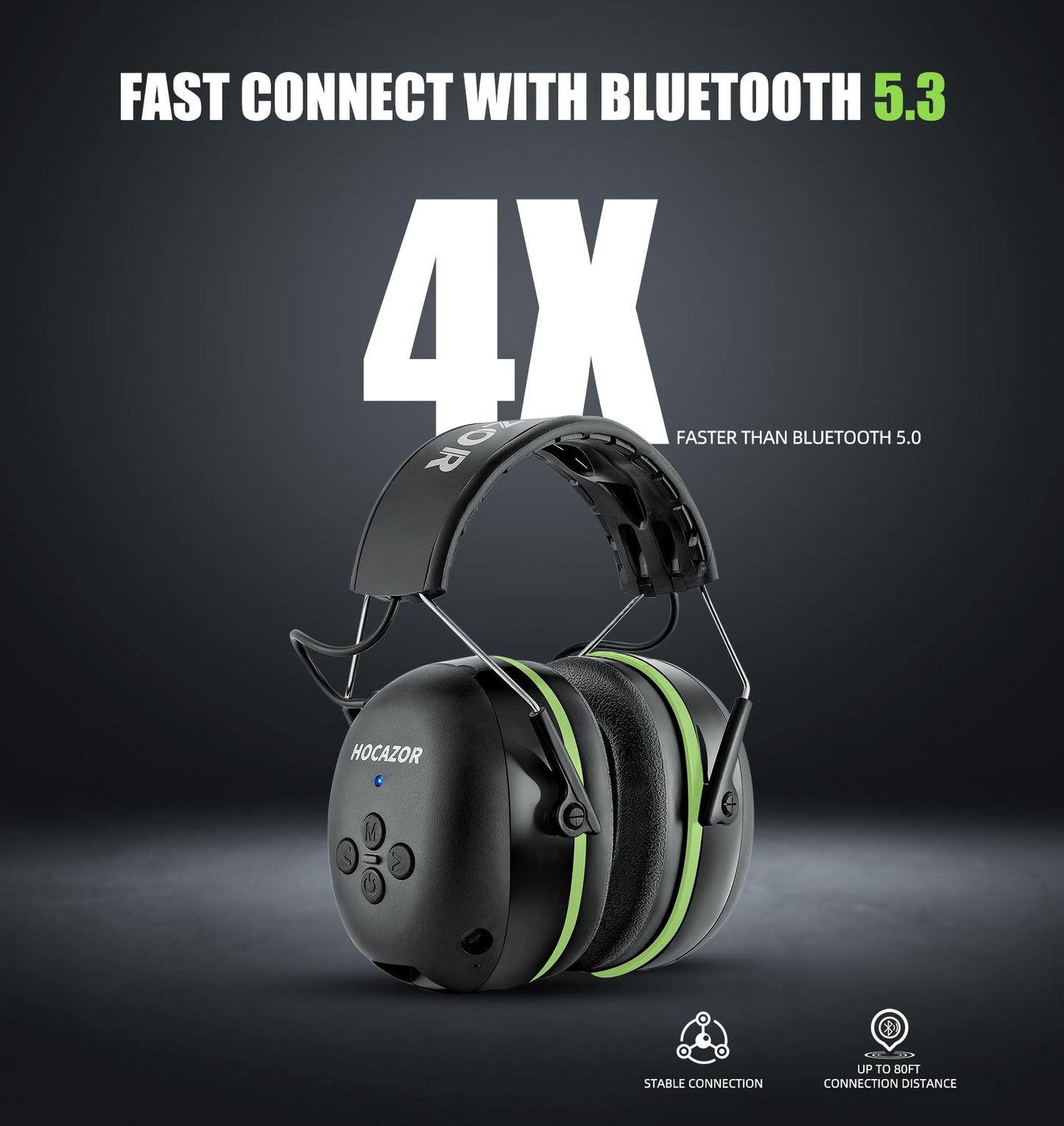 Hocazor HZ07 Bluetooth 5.3 Hearing Protection - Built-in 1500 mAh Rechargeable Battery Noise Cancelling Earmuffs NRR 25dB for Workshops, Green