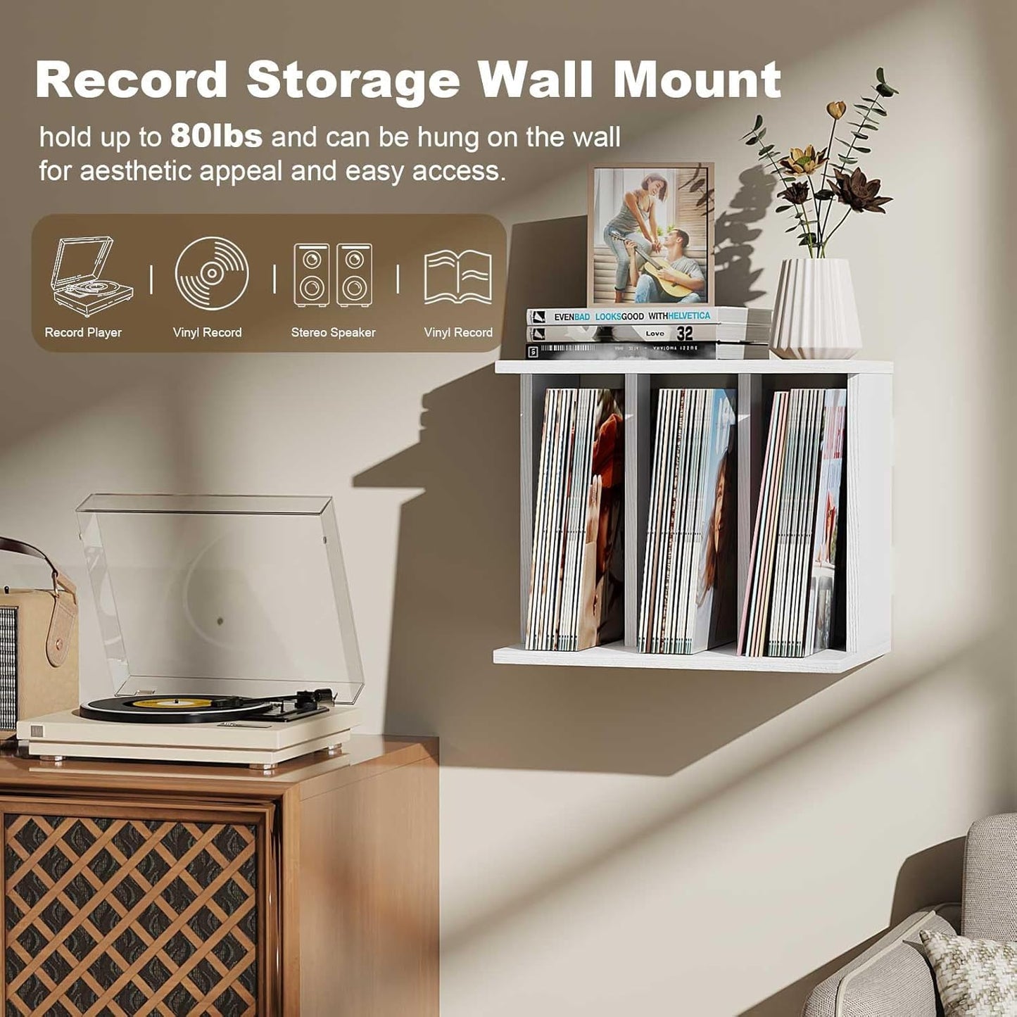 Emfogo Vinyl Record Storage, Record Player Stand Wall Mount Up to 80-100 Albums, 3-Compartment Vinyl Record Holder (White)