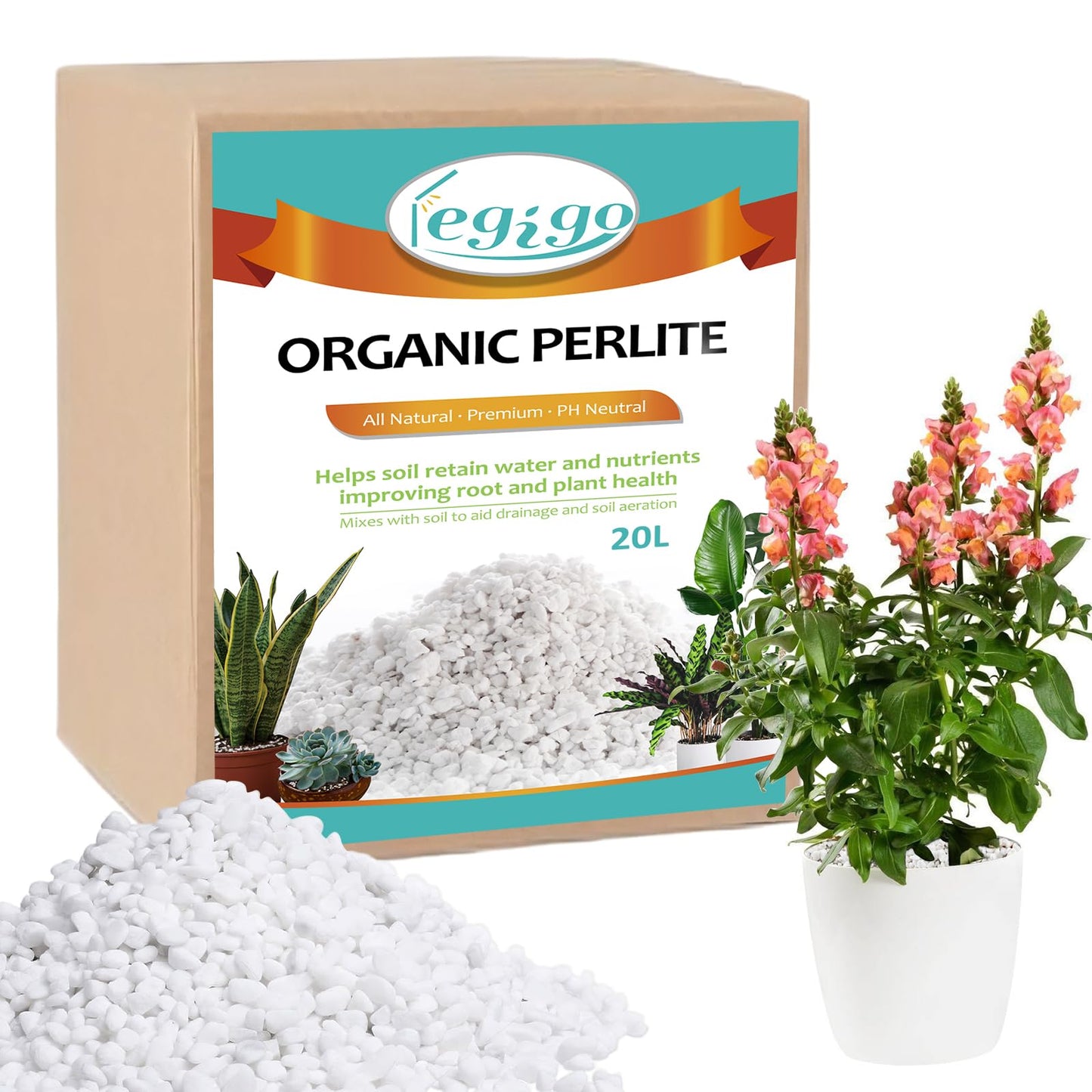 Legigo 20L Organic Horticultural Perlite for Plants Indoor- Natural Horticultural Soil Additive Conditioner Mix for Improves Drainage, Ventilation and Root Growth