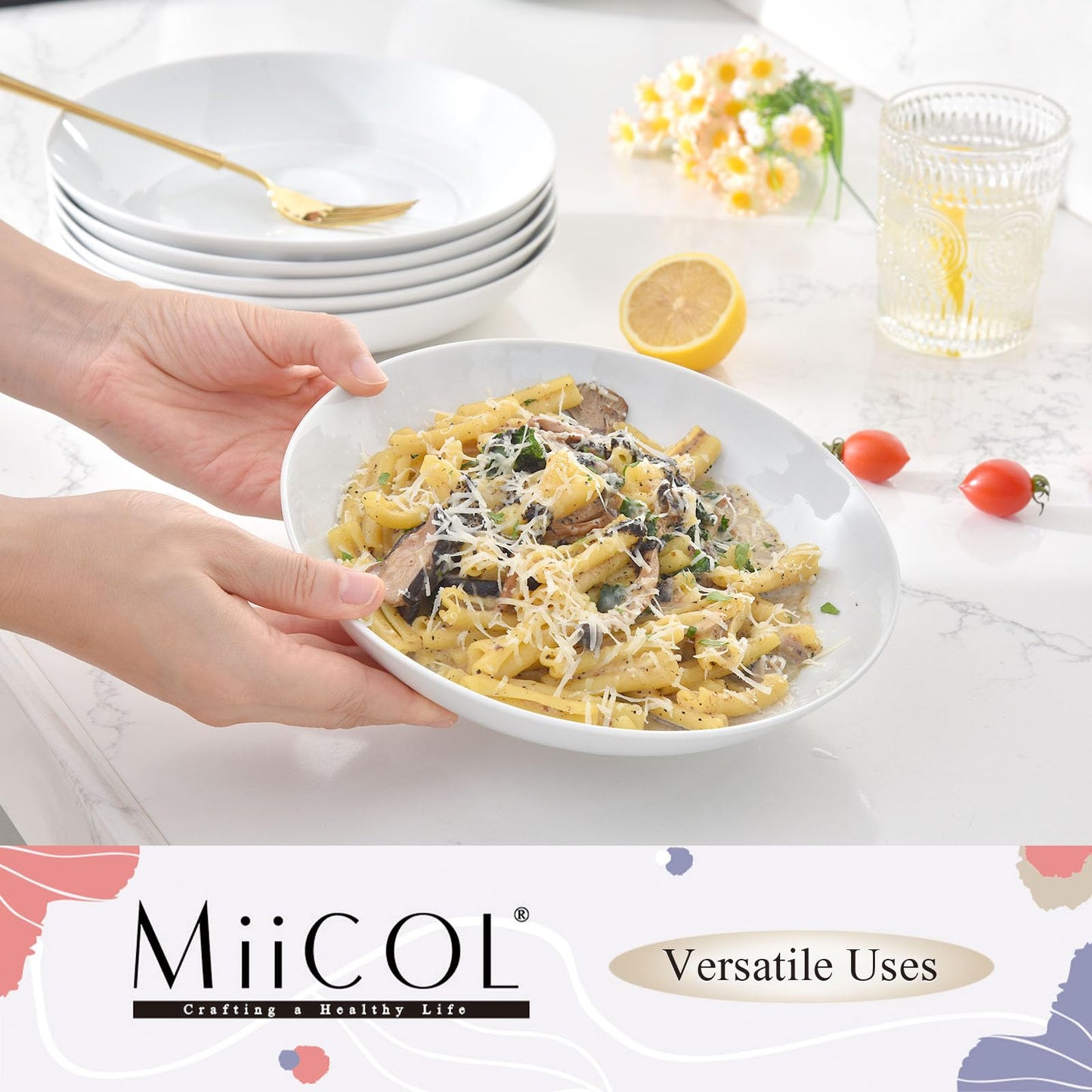 Miicol White Pasta Bowls 28 oz / 800ml, Ceramic Salad Bowls Set of 6, Wide and Shallow Serving Bowl 8.25 inch / 21cm, Large Pasta Plates, Serving Dish for Soup, Dinner, Microwave and Dishwasher Safe