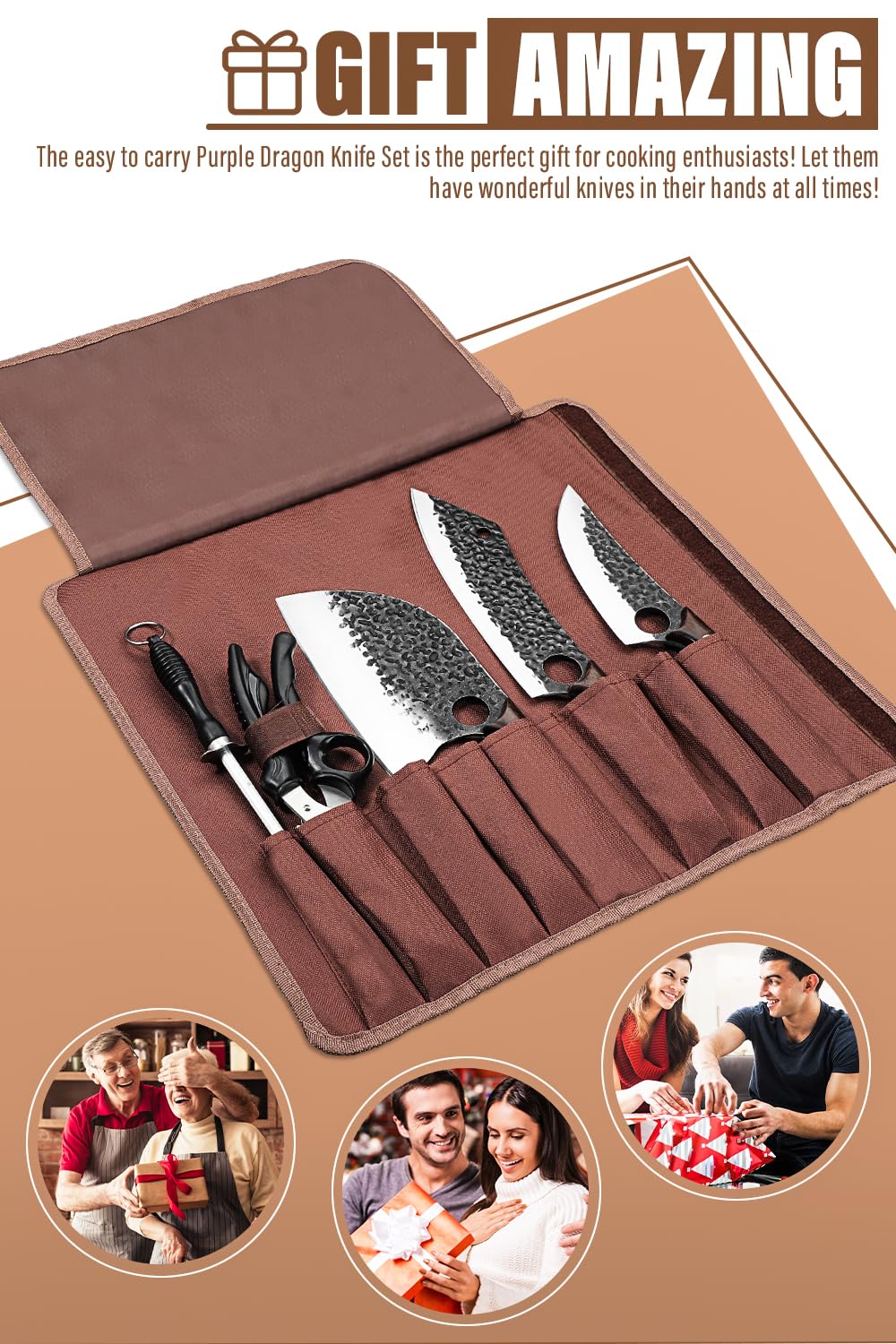 Purple Dragon 6 PCS Chef Knife Set,High Carbon Steel Cleaver,Hand Forged Meat Boning Knife,Carving Butcher Knife with Accessories for Kitchen, BBQ Camping Knives Set with Roll Bag Ideal Christmas Gift
