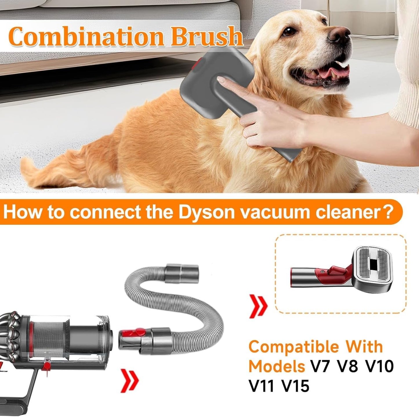 2-in-1 Pet Grooming Kit – Compatible with Dyson V7 V8 V10 V11 V15 Gen5, Dog Hair Vacuum Attachment, Self-Cleaning Brush Removes Hair, Dander & Undercoat, Extended Hose & Trigger Lock
