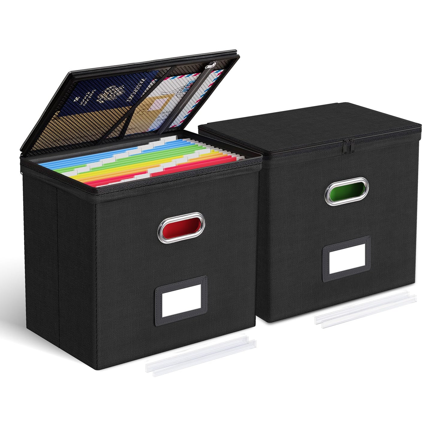 Oterri Zipper File Boxes with Lids, Letter Size File Organizer with Mesh Pockets, Portable Filing Box with Handle, Zippers Document Organizer Storage Box for Office/Home/School (2 Pcs, Black)