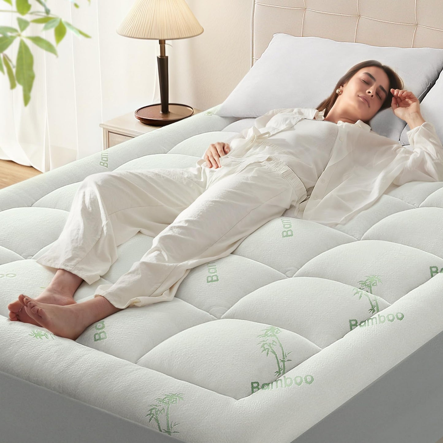 SunStyle Home Mattress Topper Queen Memory Foam for Back Pain, Rayon Derived from Bamboo Pillow Top Mattress Topper,Thick Mattress Pad with 8-21" Deep Pocket, 60x80 Inches, White