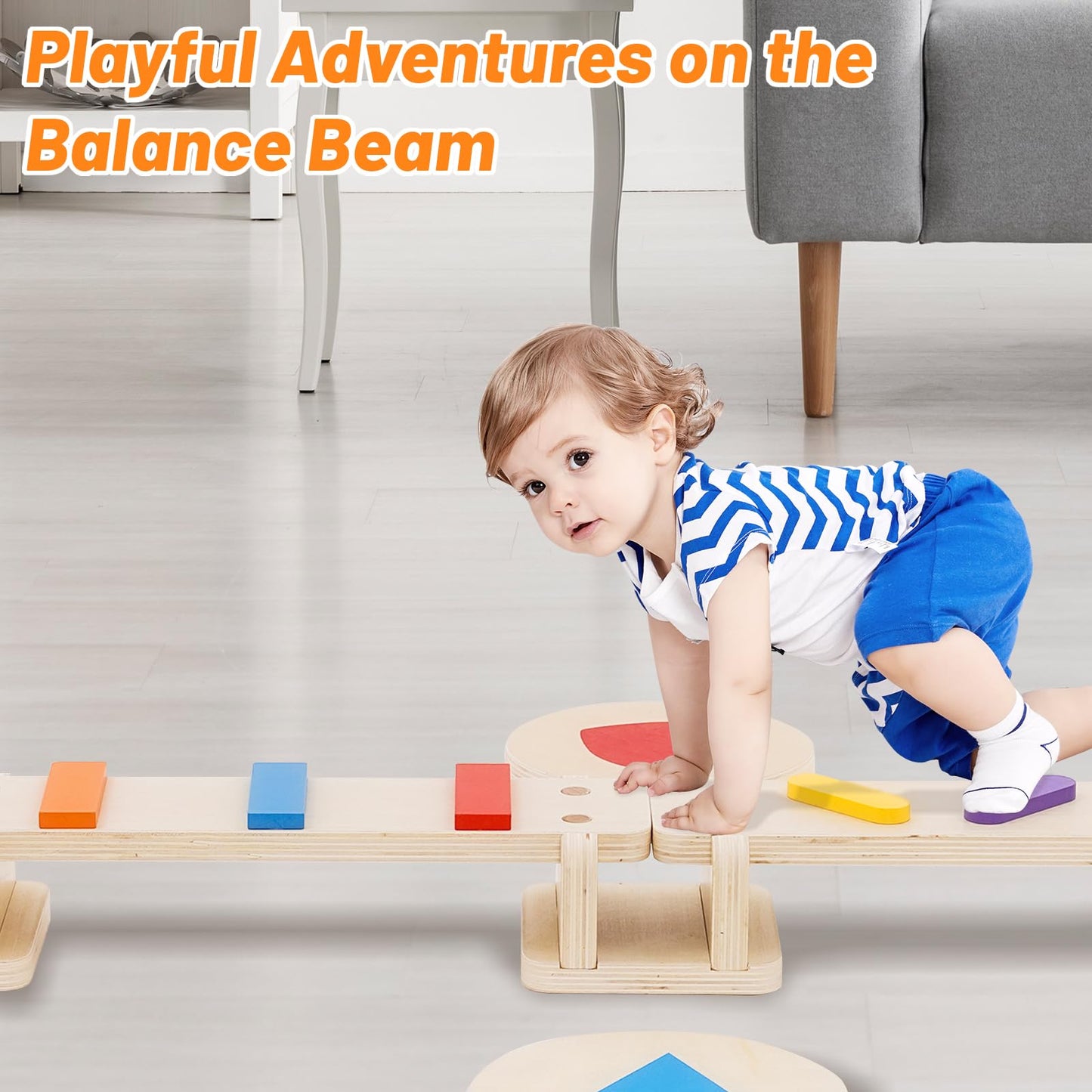 3 in 1 Wooden Balancing Beam for Children and Toddlers with Stepping Stones, Multifunctional Montessori Balancing Board with Obstacle Course, Balance and Sensory Training