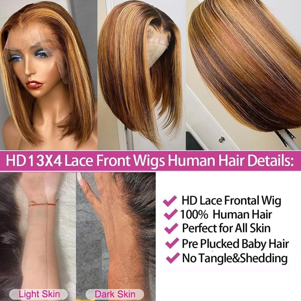 Ombre 13x4 Lace Front Wigs Human Hair Bob Wigs for Women Human Hair Straight Highlight Glueless Bob Wigs Human Hair Pre Plucked with Baby Hair 12 Inch Perruque Femme Humain Naturel 4/27#