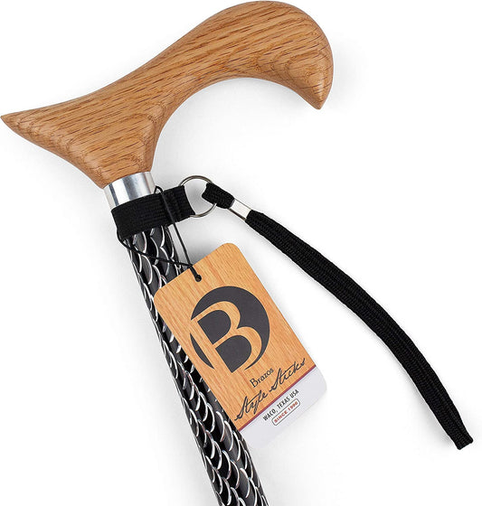 Brazos Adjustable Walking Cane for Men and Women Made of Lightweight Engraved Aluminum with Wooden Handle, Wrist Strap and Rubber Tip for Safety, Black and Silver Body with Red Oak Handle