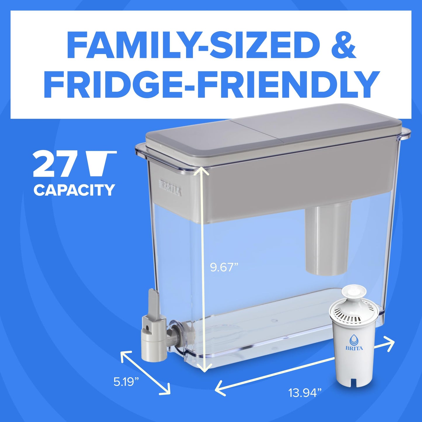 Brita XL Water Filter Dispenser for Tap and Drinking Water with 1 Replacement Filter, 27 Cup Capacity, for Men and Women, BPA Free, Grey