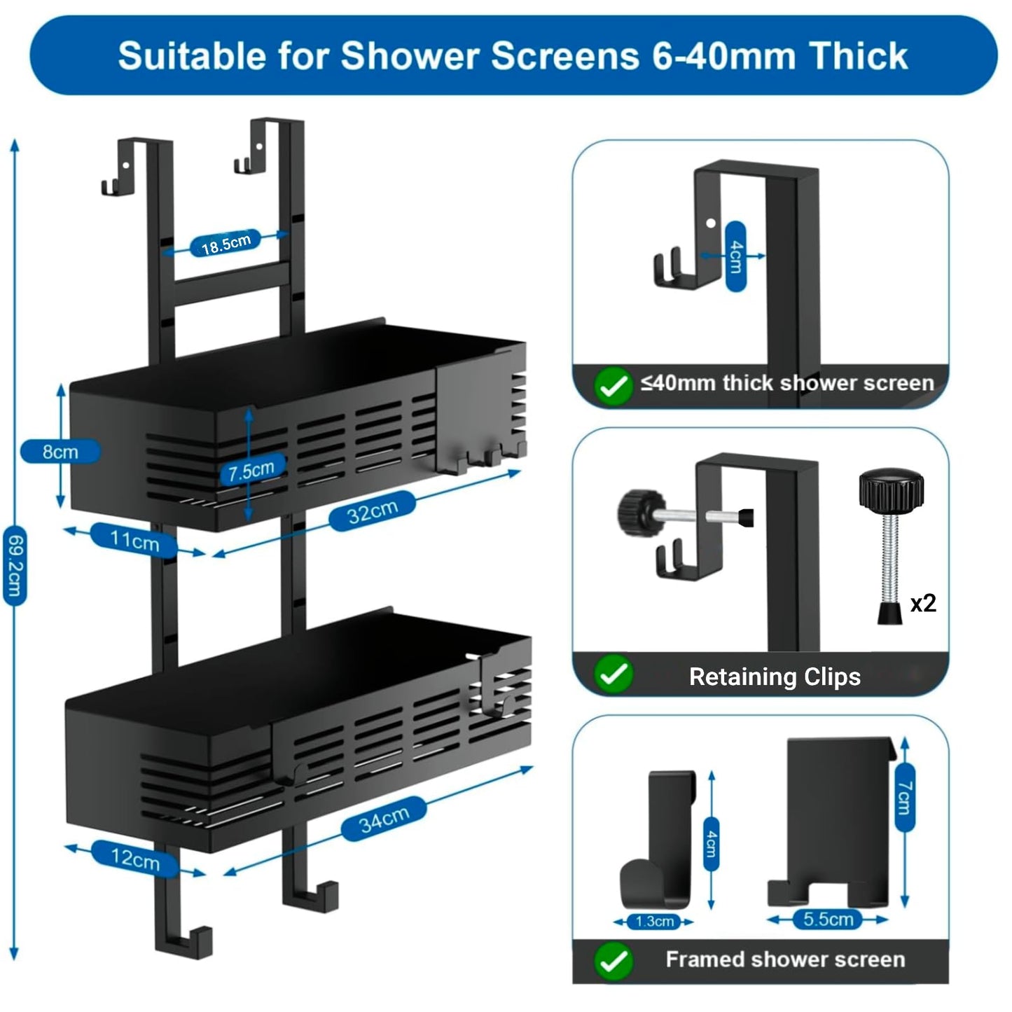 Hodzeed Shower Caddy Hanging Over The Door, Rustproof Shower Shelves with Hooks Black Shower Rack Hanging Shower Organizer Shelf 2 Tier No Drilling Bathroom Shelf Over the Door for Dorm,Toilet,Kitchen