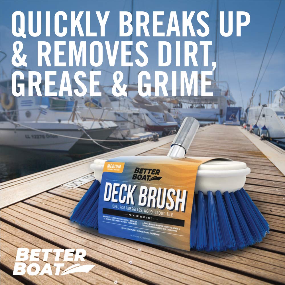 Medium Boat Deck Brush, Heavy-Duty Marine Brush Head, 8" Bristle with Bumper, 3/4" Thread Handle, for RV, Truck, and Auto Cleaning