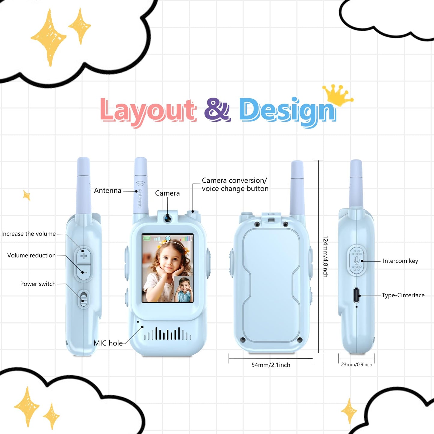 REESTBOO Video Walkie Talkies for Kids, Handheld 2 Pack Rechargeable Walkie Talkies for Boy and Girl Ages 3-12, One-on-One Pairing, Indoor Outdoor Toys for Family Games, Outside Camping (Pink & Blue)