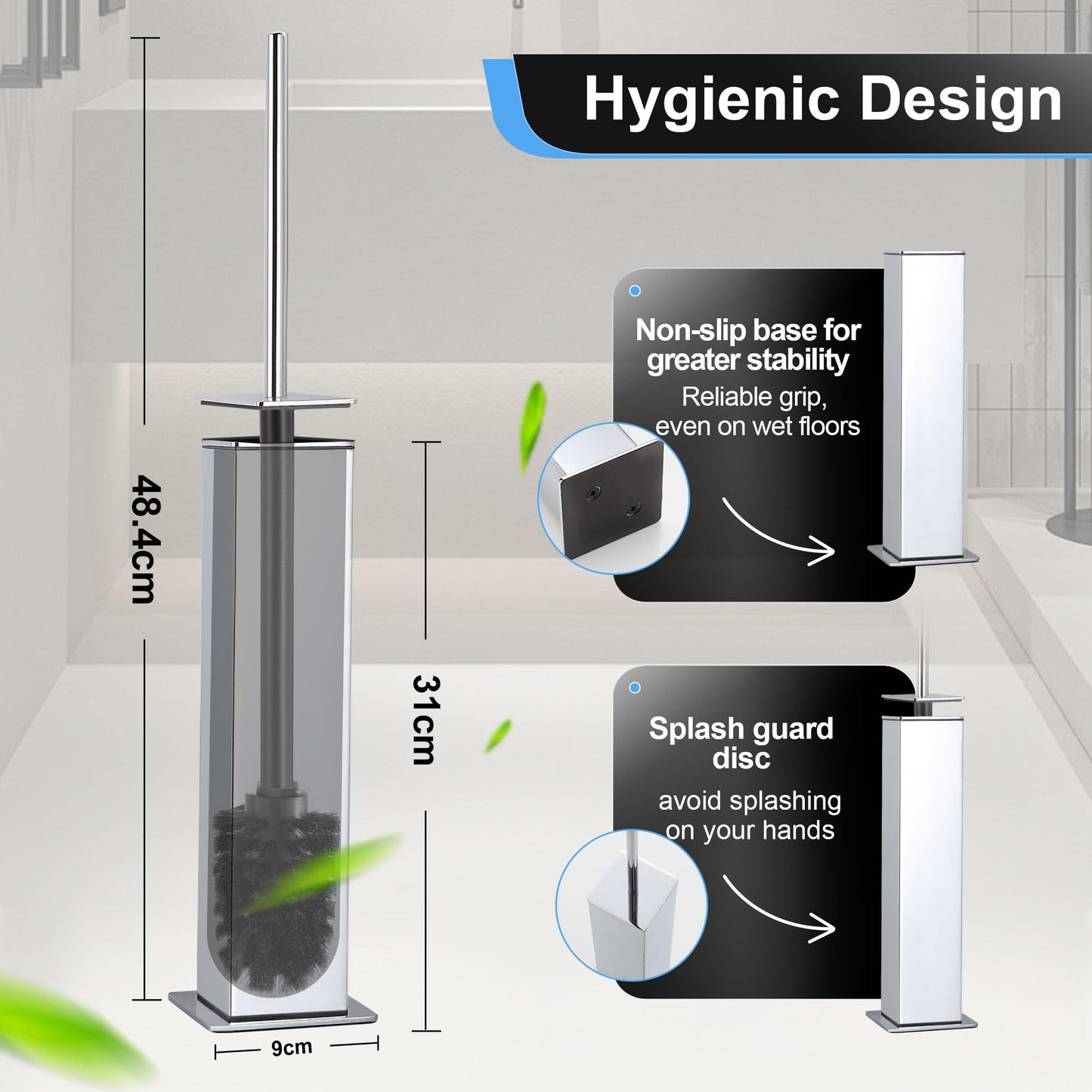 BVL Toilet Brush and Holder Set Chrome Stainless Steel 304 Square Freestanding Toilet Brush for Bathroom