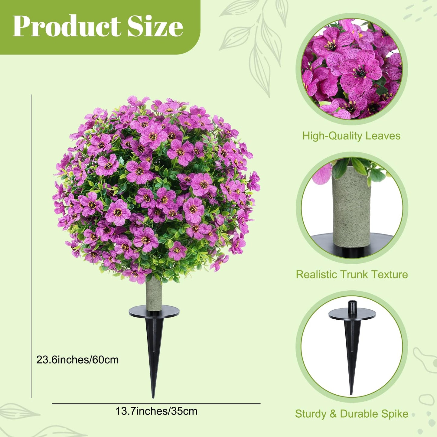 KANEODOT 24''Artificial Flowers for Outdoors,2 Pack Topiary Ball Trees Fake Outdoor Plants with Ground Spike,UV Resistant Faux Shrubs for Garden,Porch,Front,Patio,Violet