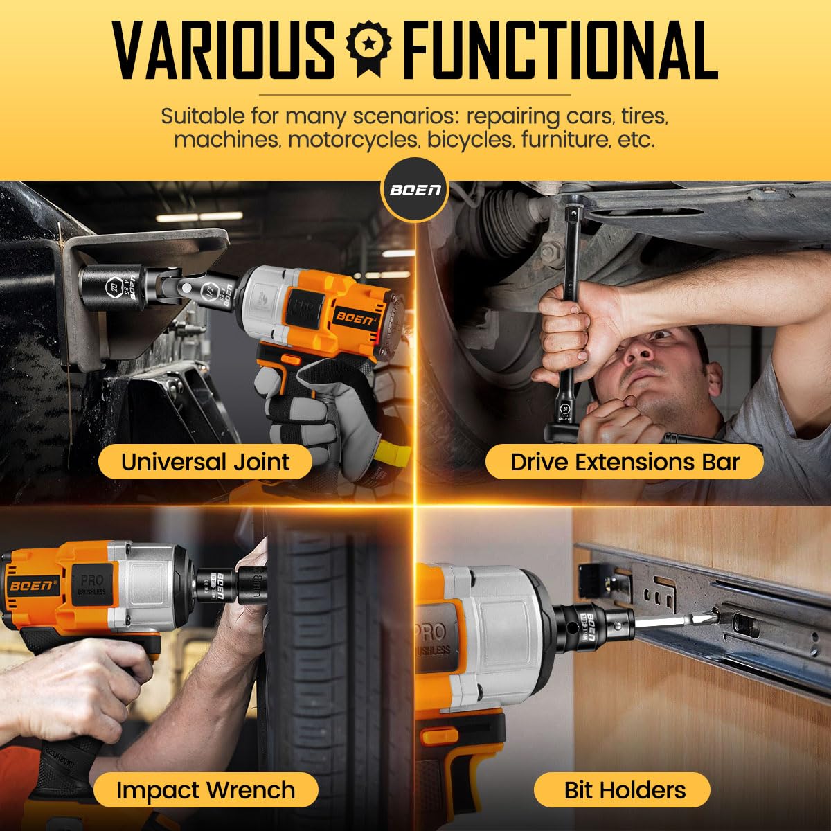 Boen 21 Piece 1/4" & 3/8" & 1/2" Drive Tool Accessory Set, Includes Socket Adapters, Extension Bars, Swivel Universal Joints, Impact Coupler and 1/4" Hex Shank