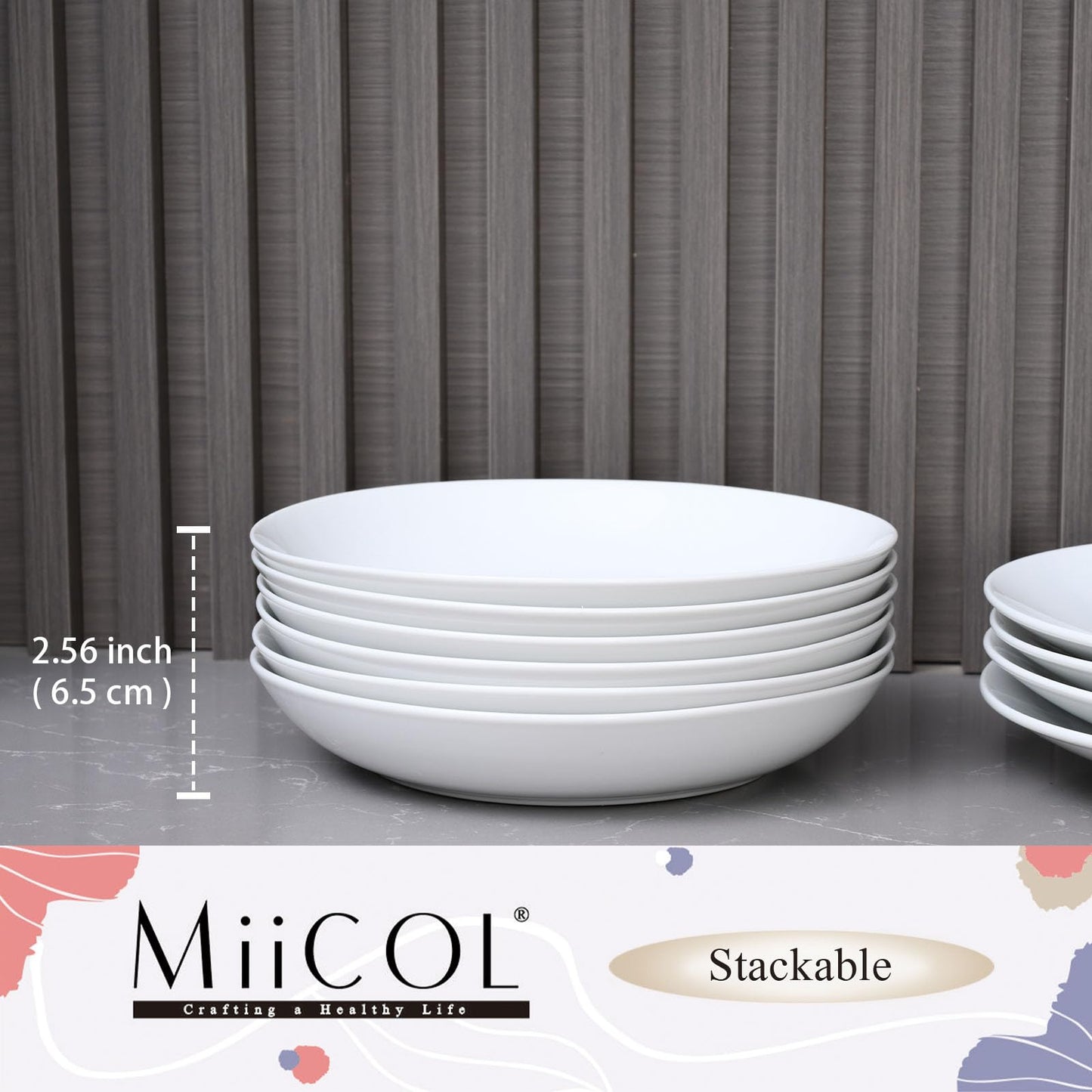 Miicol White Pasta Bowls 28 oz / 800ml, Ceramic Salad Bowls Set of 6, Wide and Shallow Serving Bowl 8.25 inch / 21cm, Large Pasta Plates, Serving Dish for Soup, Dinner, Microwave and Dishwasher Safe