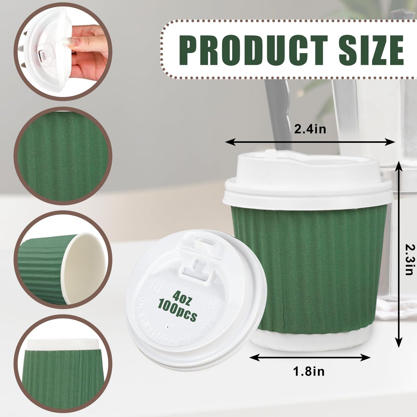 Whaline 100Pcs Sage Green Disposable Espresso Cups with Lids 4oz Gradient Green Paper Cups Corrugated Ripple Wall Insulated Hot Cups for Home Office Party Supplies