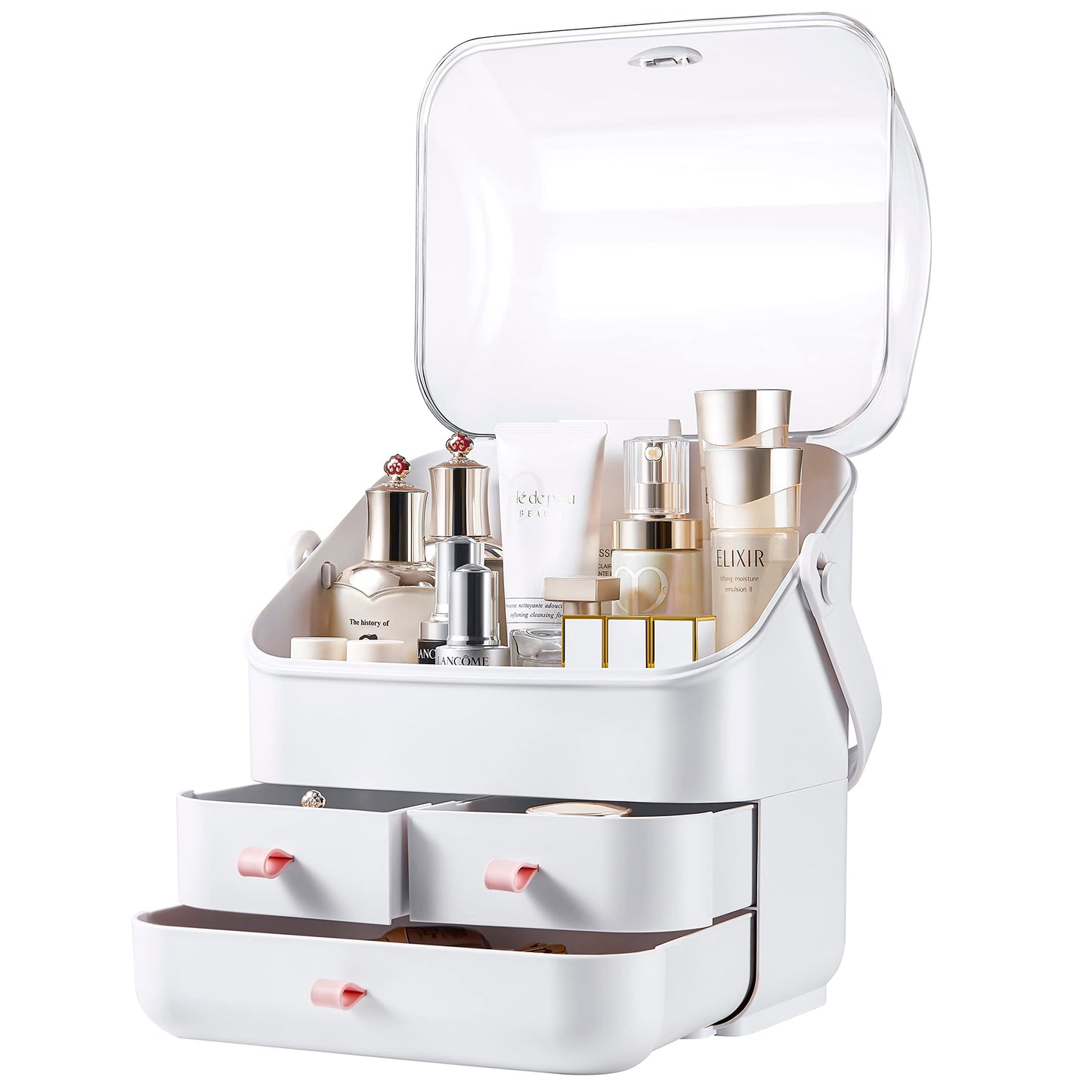 SUNFICON Makeup Organizer Cosmetic Storage Box Holder with Dust Free Cover Portable Handle,Fully Open Waterproof Lid, Dust Proof Drawers,Great for Bathroom Countertop Bedroom Dresser