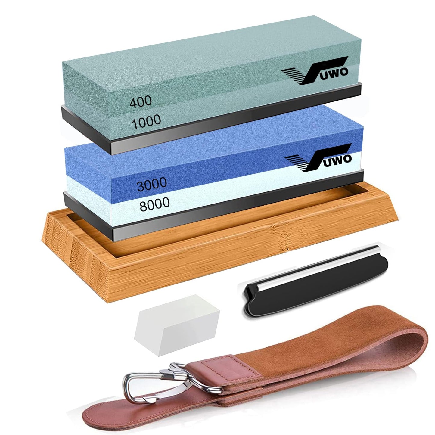 vuwo Knife Sharpening Stone Kit - Whetstone Grit 400/1000 3000/8000 Premium Knife Sharpener Wet Stone Set with Bamboo Base Angle Guide Flattening Stone Silicon Holder and Leather Strop