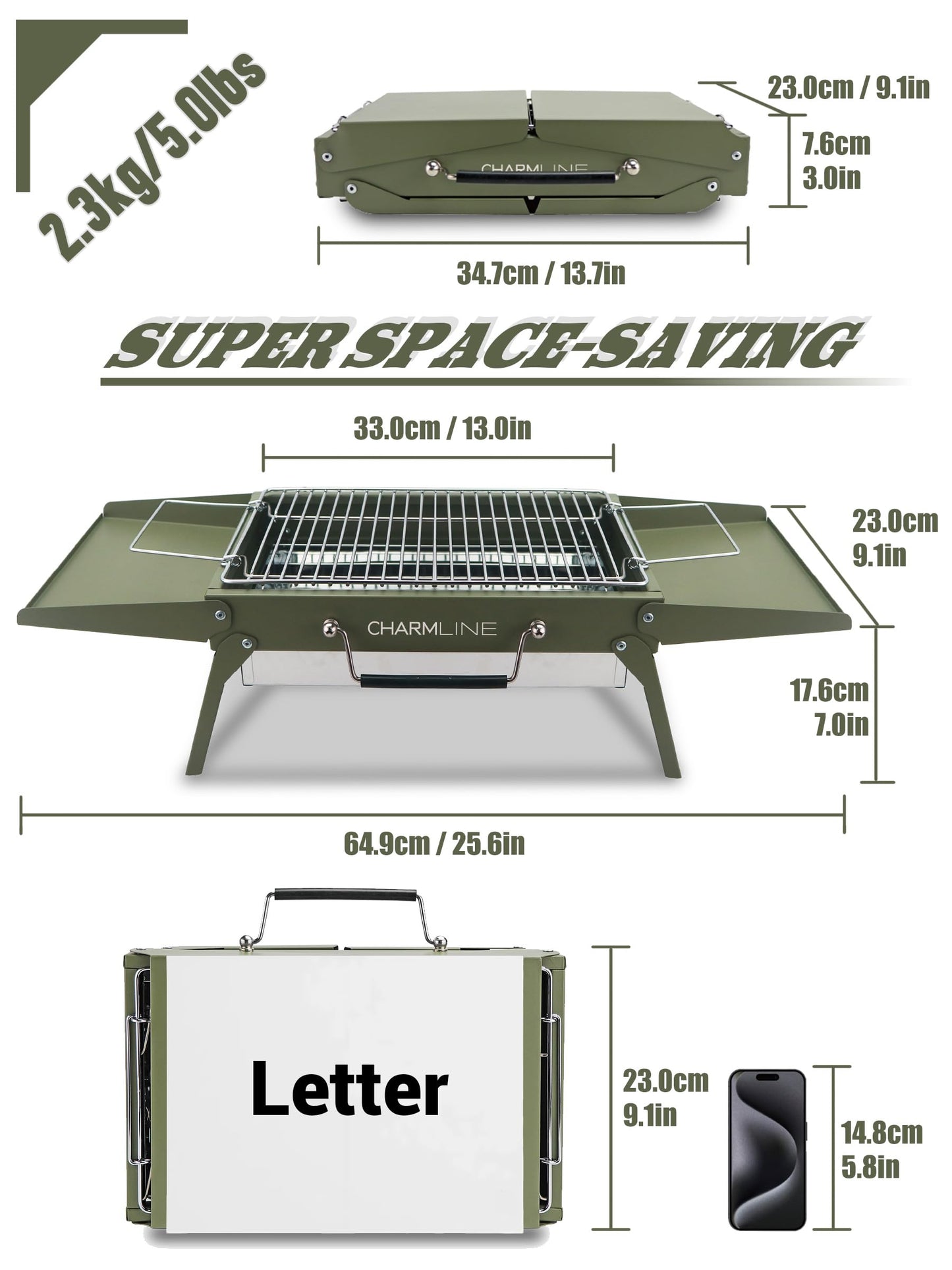 Charmline 35 x 23cm Small Foldable Portable Grill Charcoal, Compact Portable Grill, Desktop Charcoal Grill, BBQ Grill for Camping, Picnics, Gardens and Beach Parties, Green