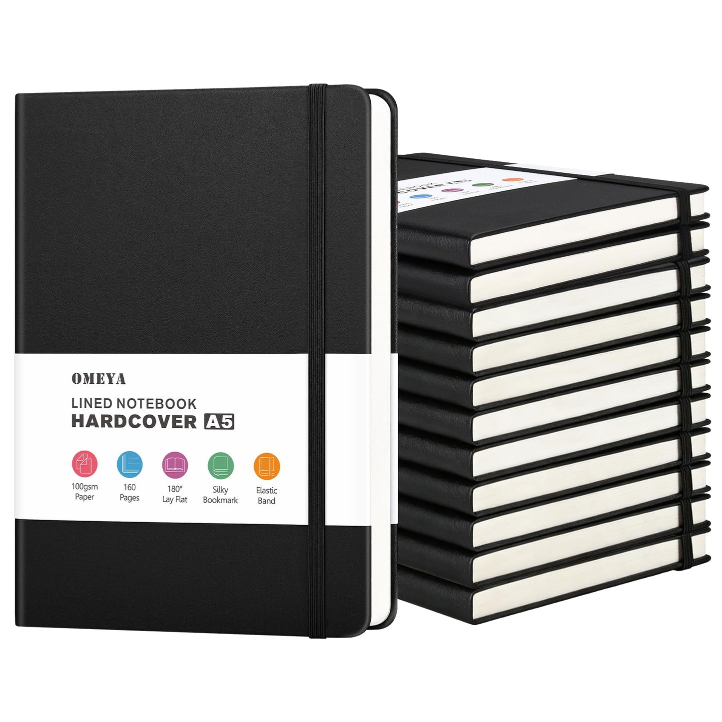 OMEYA 12 Pack A5 Black Lined Journal Notebooks for Work, 100gsm Thick Paper, 5.7"x 8.3", College Ruled Notebooks Bulk, Leather Journal for Writing, Hardcover Notebooks for School, Office