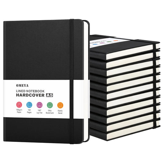 OMEYA 12 Pack A5 Black Lined Journal Notebooks for Work, 100gsm Thick Paper, 5.7"x 8.3", College Ruled Notebooks Bulk, Leather Journal for Writing, Hardcover Notebooks for School, Office