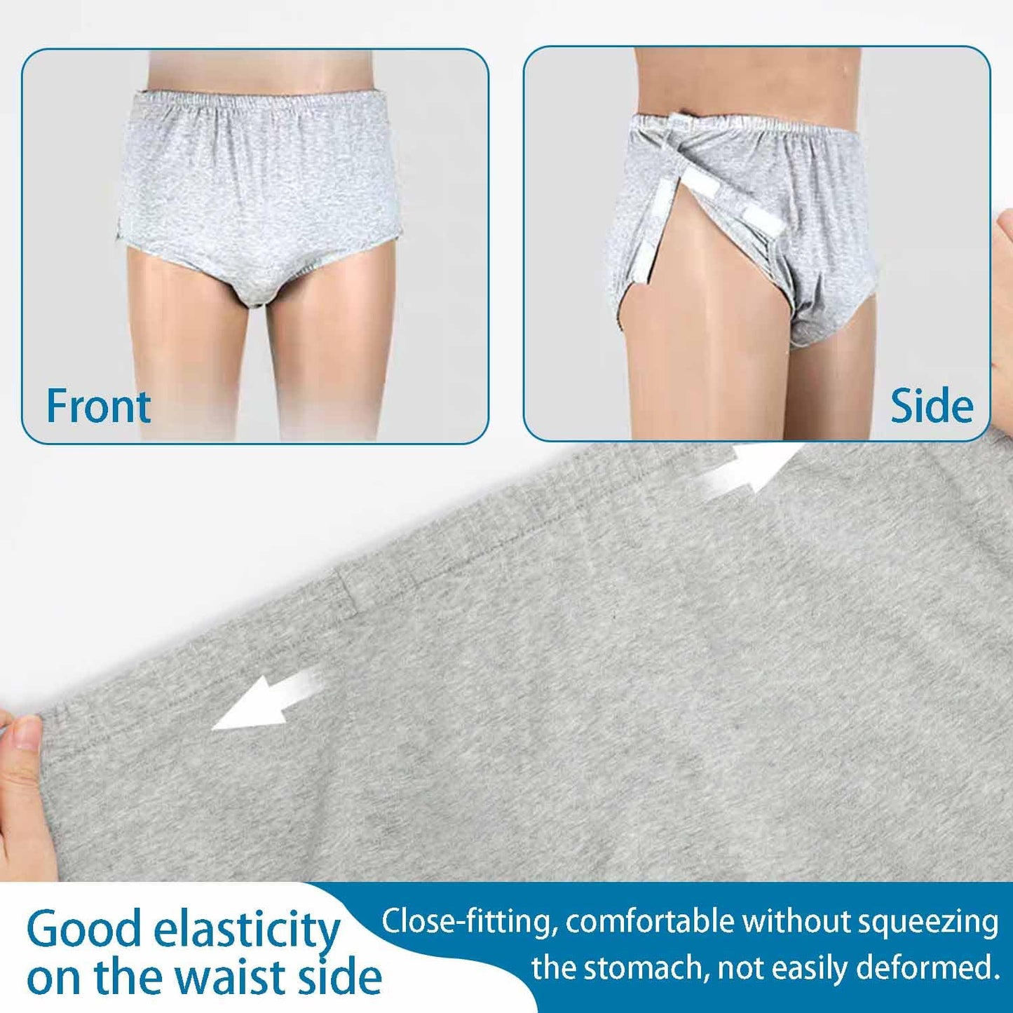 3 Pack Post Surgery Adaptive Underwear, Tear Away Incontinence Underpants, Reusable Stick-on Briefs