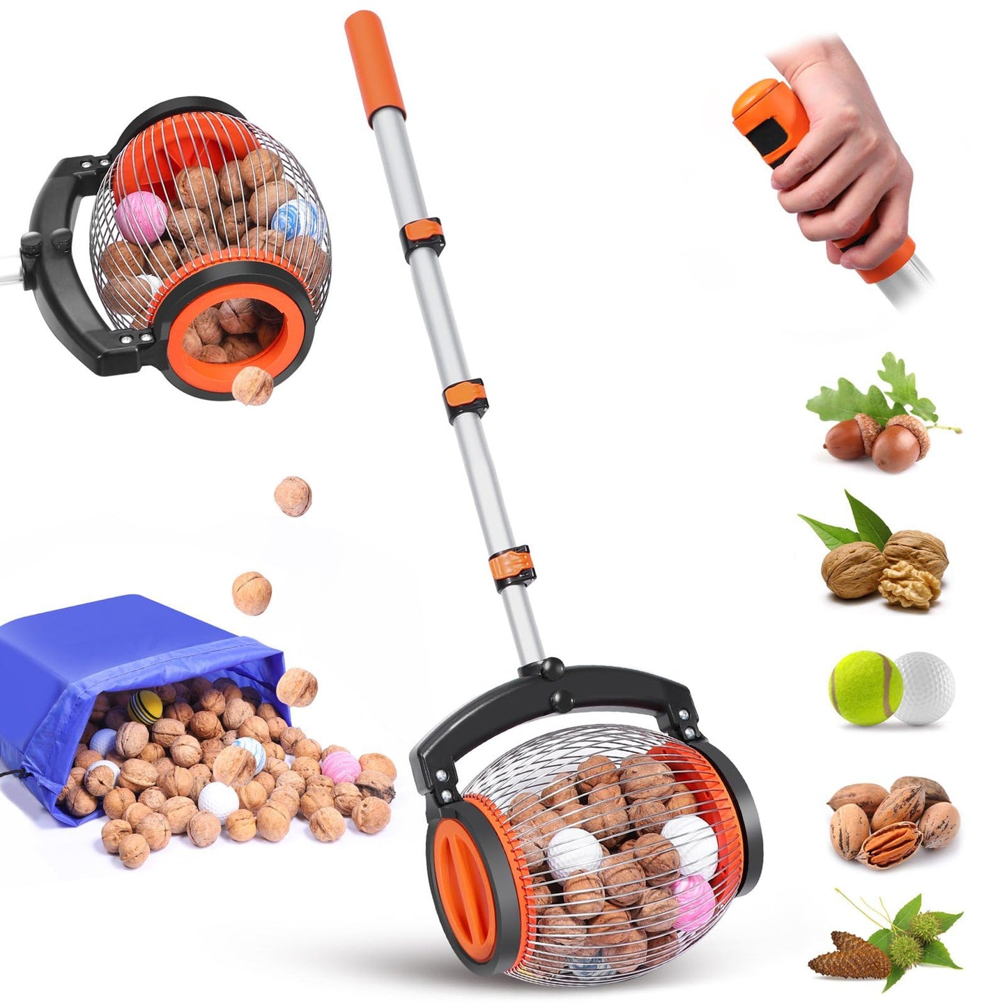 Large Nut Gatherer Rolling Nut Harvester Ball Picker,Adjustable Lightweight Rolling Nut Collector Manual Ball Gatherer Multifunctional Garden Picker Tool for Walnut Chestnut Fruits