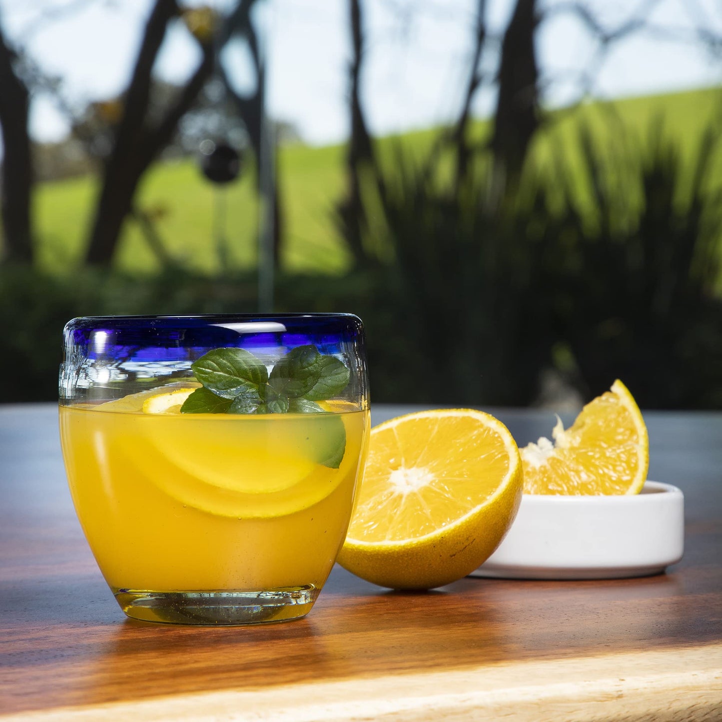 Handmade con Amor - 9 oz Hand Blown Mexican Drinking Glasses - Set of 6, 9 fl oz each, Cobalt-Blue Rim