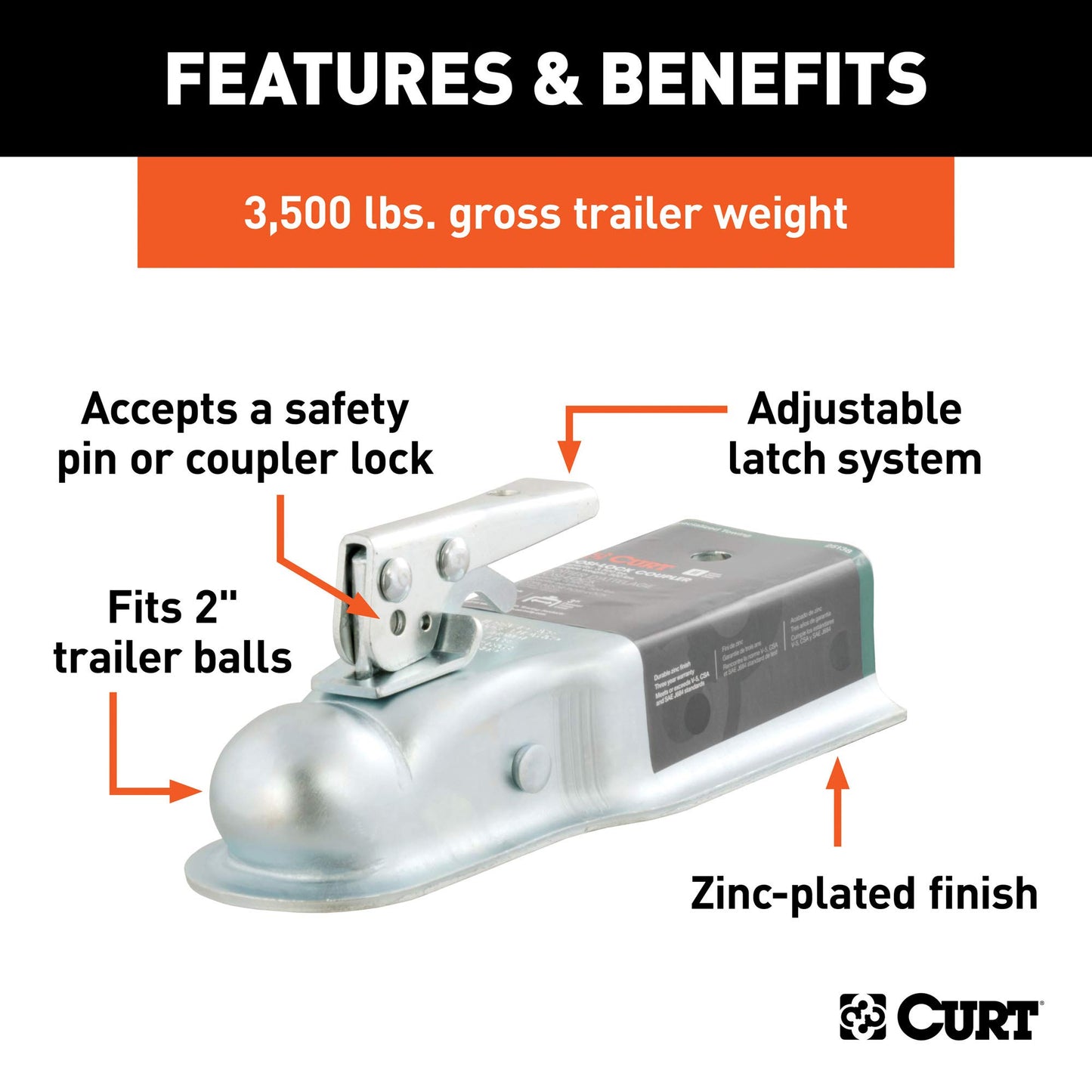 CURT 25138 Straight Tongue Trailer Coupler for 3-Inch Channel, 2-in Hitch Ball, 3,500 lbs