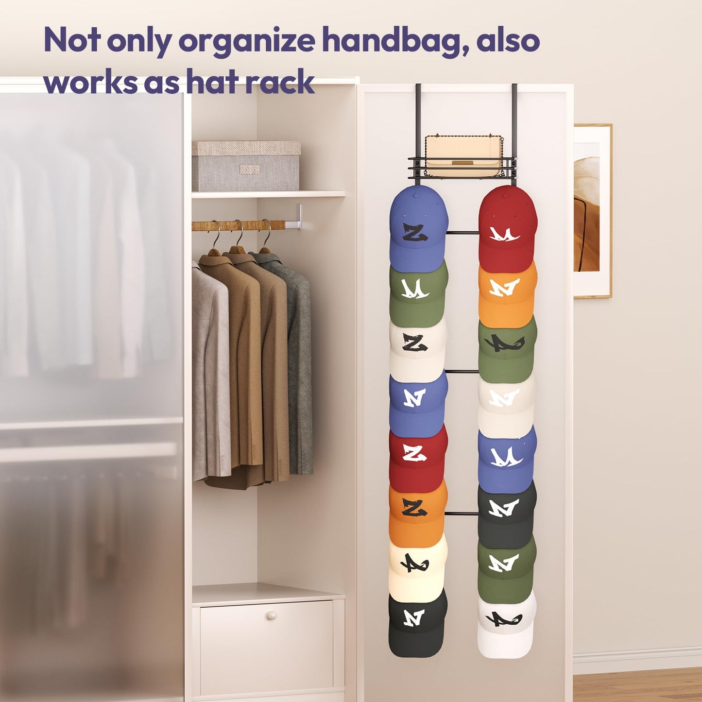 SWTYMIKI Over The Door Purse Organizer - Wall Mounted Handbag Organizer with 16 Hooks and Metal Basket, Hanging Purse Storage Rack Holds up to 16 Bags, Bag Rack Can Use As 1/2 Part, for Door, Closet