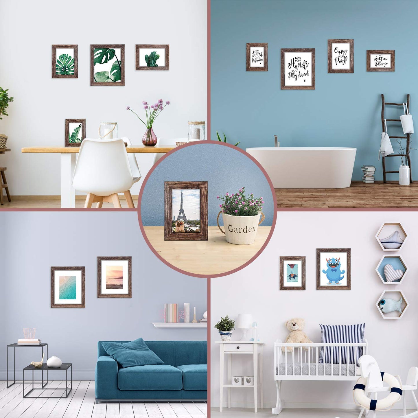 Q.Hou 8x10 Picture Frame Wood Patten Rustic Brown Photo Frames Packs 4 with High Difinition Plexiglass for Tabletop or Wall Decor (QH-CA8X10-BR)