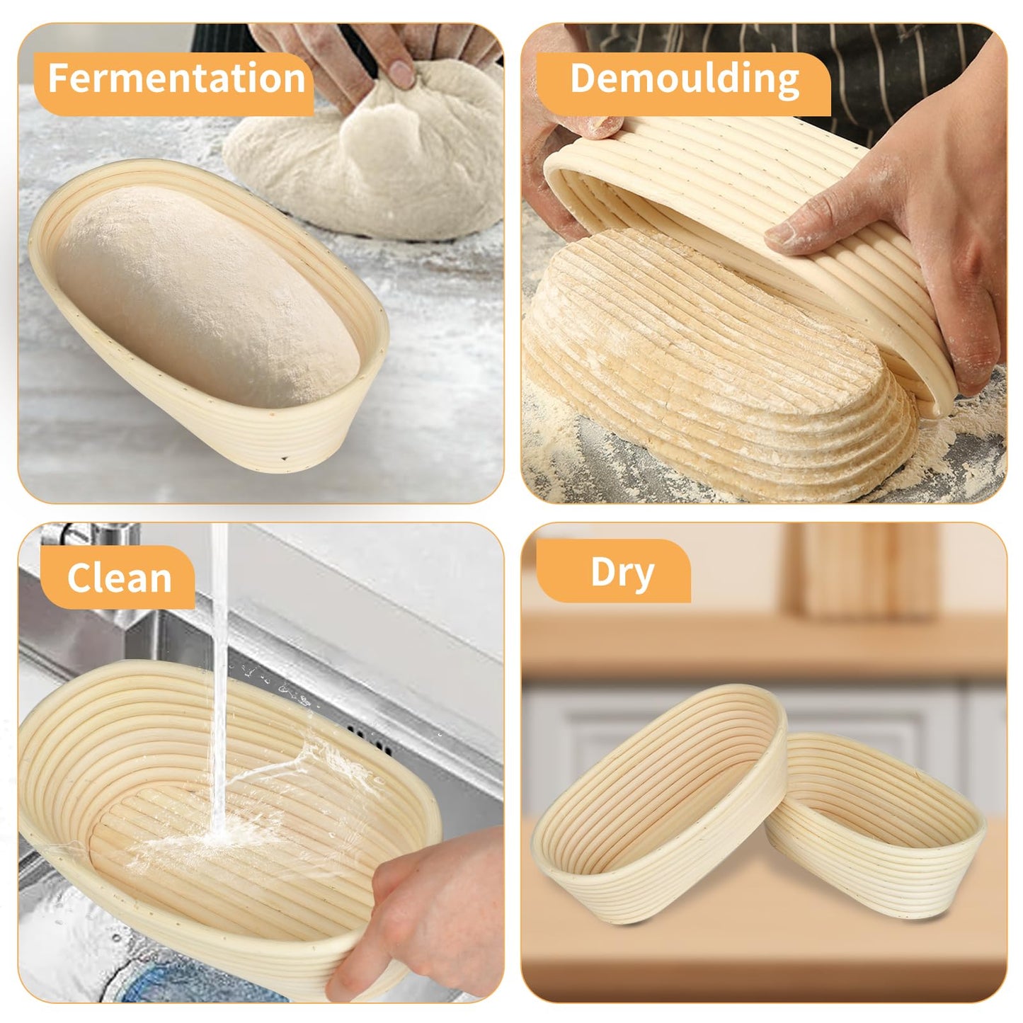 2 Pack 10 inch Oval Bread Proofing Basket, Sourdough Bannetons Bortform Proving Rattan Basket with Linen Liner Cloth, Great for Professional & Home Bakers & Starter