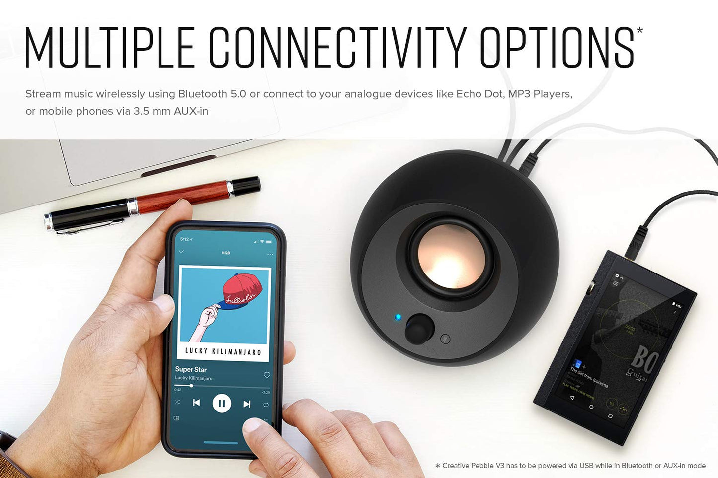 Creative Pebble V3 Minimalistic 2.0 USB-C Desktop Speakers with USB Audio, Clear Dialog Enhancement, Bluetooth 5.0, 8W RMS with 16W Peak Power, USB-A Converter Included (Black)