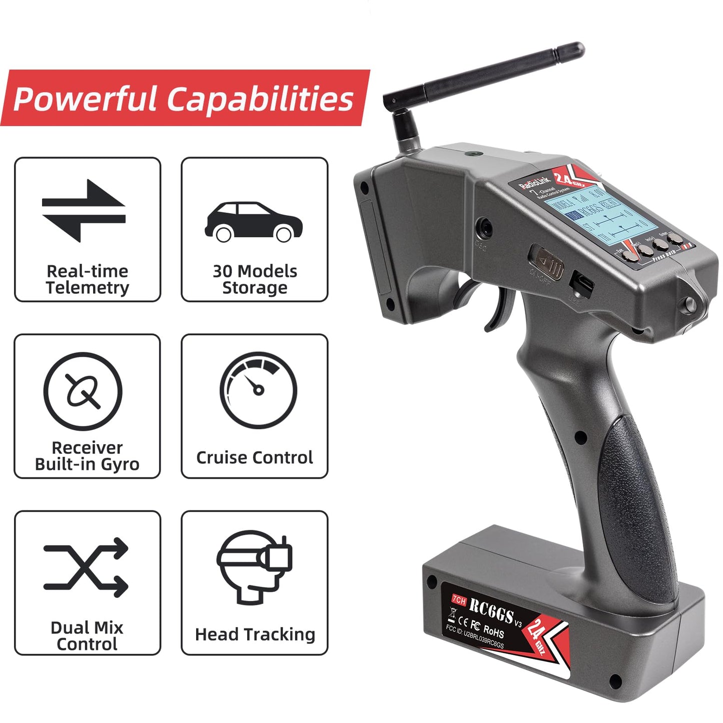 Radiolink RC6GS V3 7 Channels 2.4Ghz RC Transmitter and Receiver R7FG, Gyro Voltage Telemetry Waterproof RX, 30 Models Storage Surface Radio Remote Controller for RC Crawler, Boat, Drifting Car