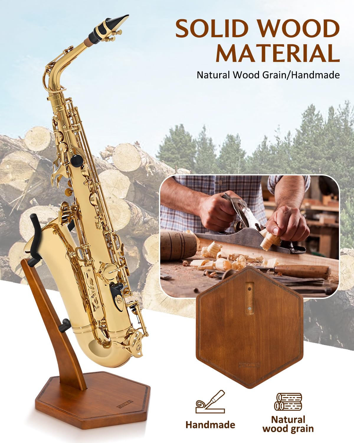 STRICH Wooden Saxophone Stand Display For Alto Tenor Sax, Handmade Solid Wood Floor Stand Holder Colour Walnut, Weighted Heavy Base (FH-4, Sax)