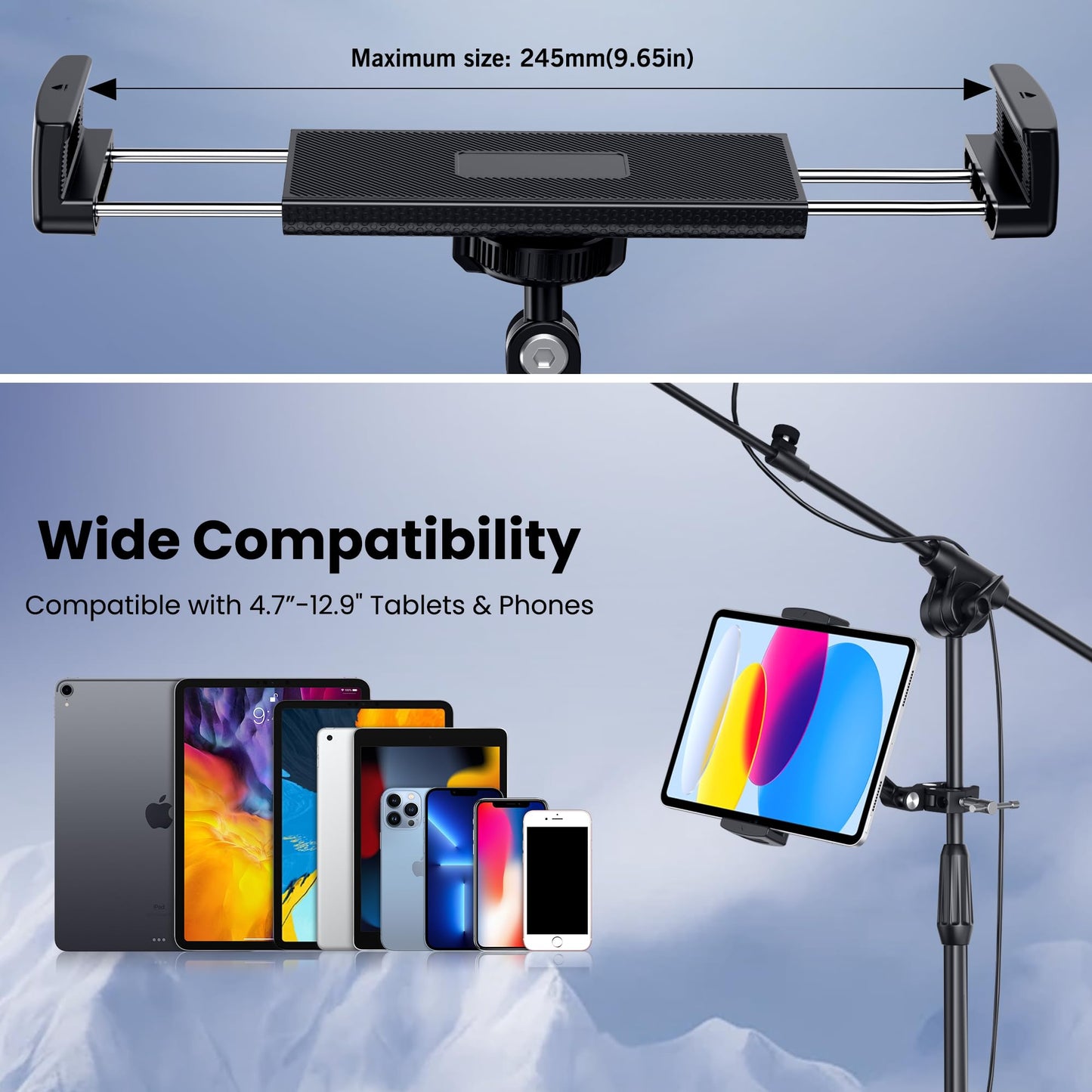 CreaDream Tablet Holder for Microphone Stand, Aluminum Mic Music Stand Holder Mount for Phone and iPad, Tablet Holder Compatible with Devices from 4.7 to 13 inch Tablets & Smartphones (Dark Black)