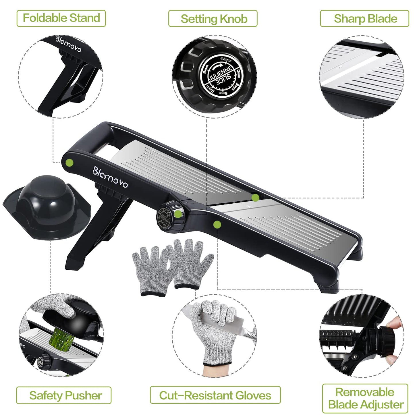 Blamovo Mandoline Slicer for Kitchen, Vegetable Mandolin Slicer with Adjustable Thickness by One-Knob Control, Veggie Fruit Potato Slicer Julienne, with Safety Gloves