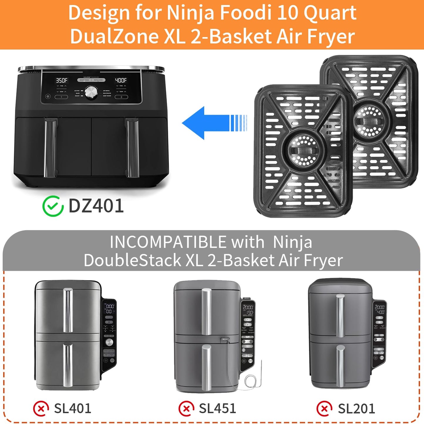 Air Fryer Grill Pan for Ninja Foodi DZ401 DZ550 10QT DualZone Air Fryers, Replacement Air Fryer Crisper Plate Grill Plate Tray Accessories with Rubber Bumpers, Dishwasher Safe