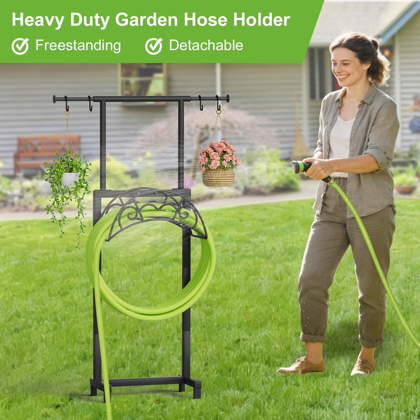 NEYCIL Garden Hose Holder with Telescopic Pole, Freestanding Garden Hose Stand Stake with 4 Spikes, Heavy Duty Sturdy Metal Hose Storage Rack and Hanger for Outside Yard Lawn Farm, Black