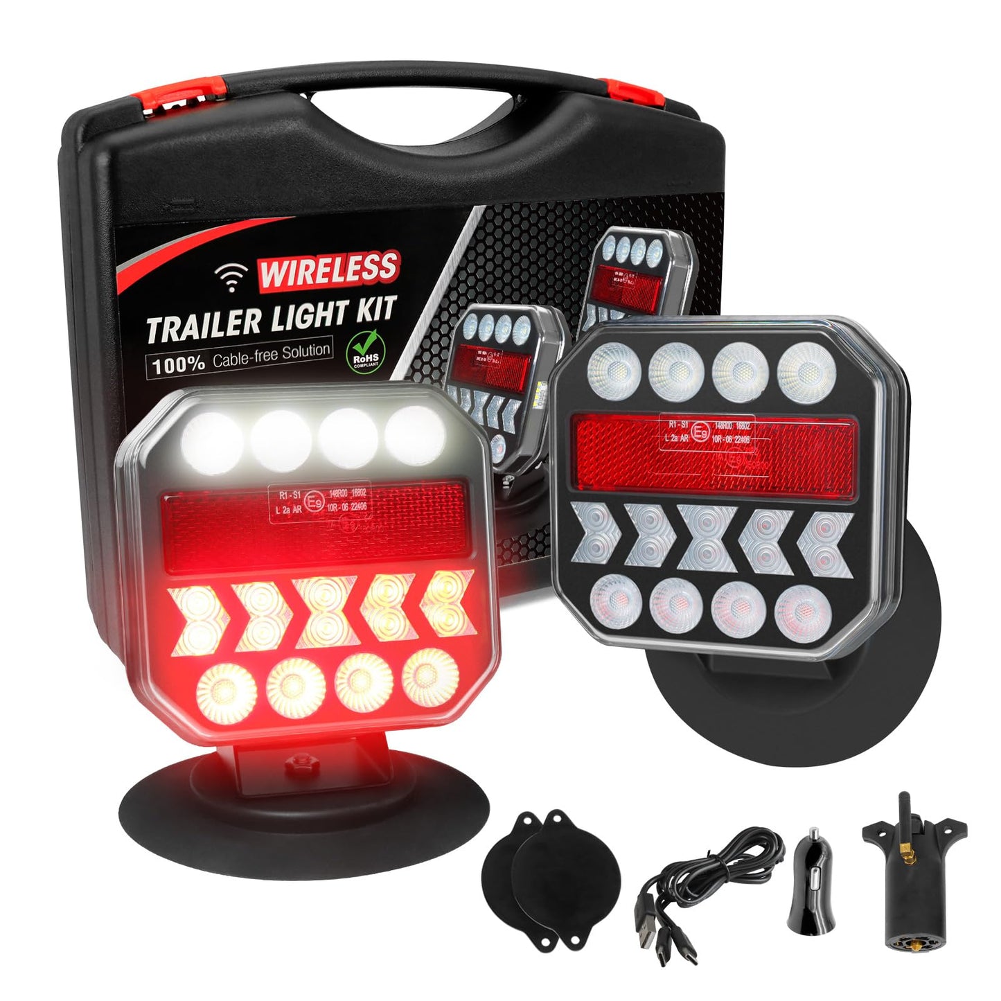 NeaLia Wireless Trailer Lights 110° Rotatable, Magnetic LED Trailer Light for Towing Truck RV, Rechargeable Tail Tow Lights Kit for Camper Boat Caravan Turn Signal Brake Reverse Stop, IP67 Waterproof
