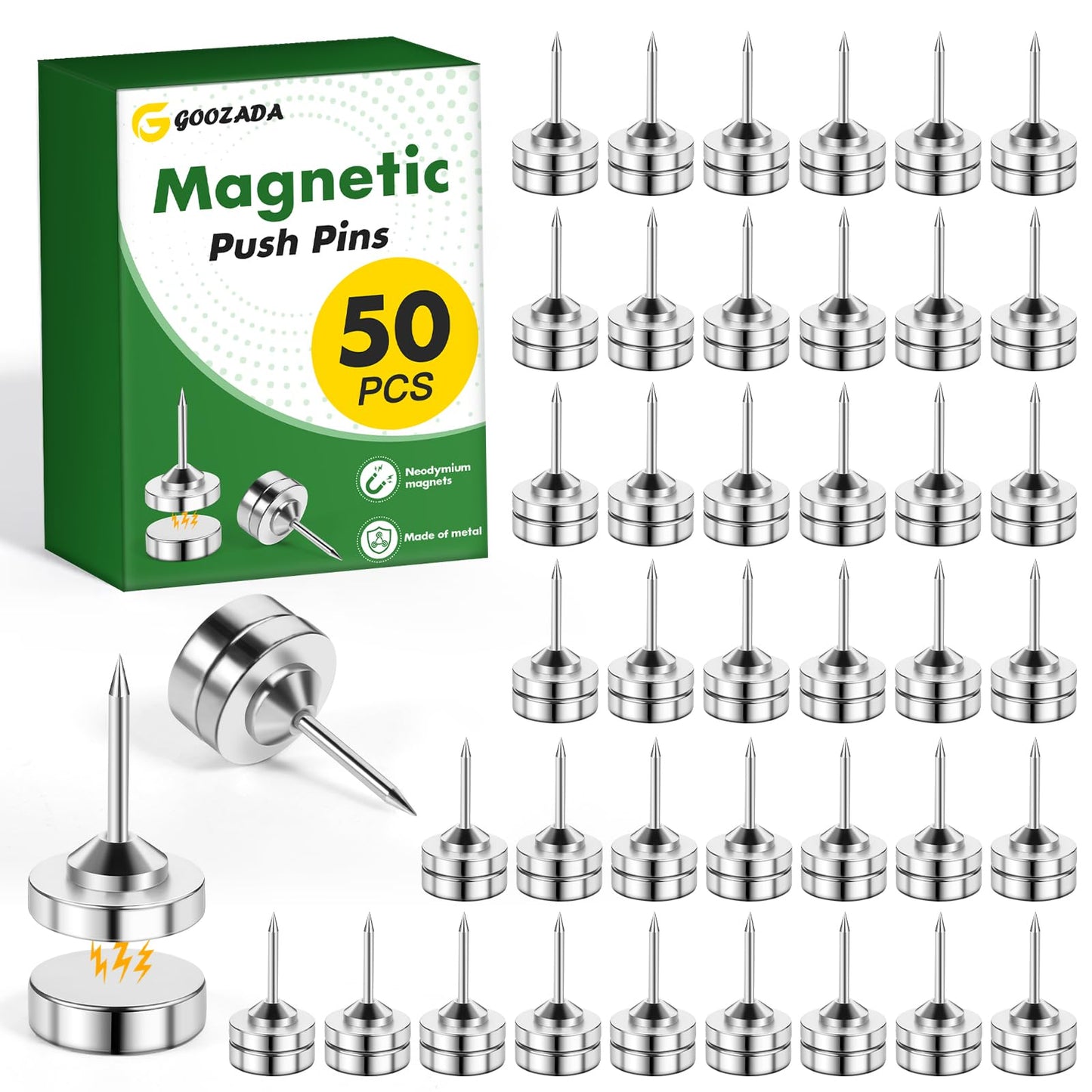 GOOZADA Metal Magnetic Push Pins,50 Sets Magnet Thumbtacks, Silver Decorative Push Pins, Magnetic Poster Hanger, Thumb Tacks for Cork Board, Wall, Bulletin Board Decoration