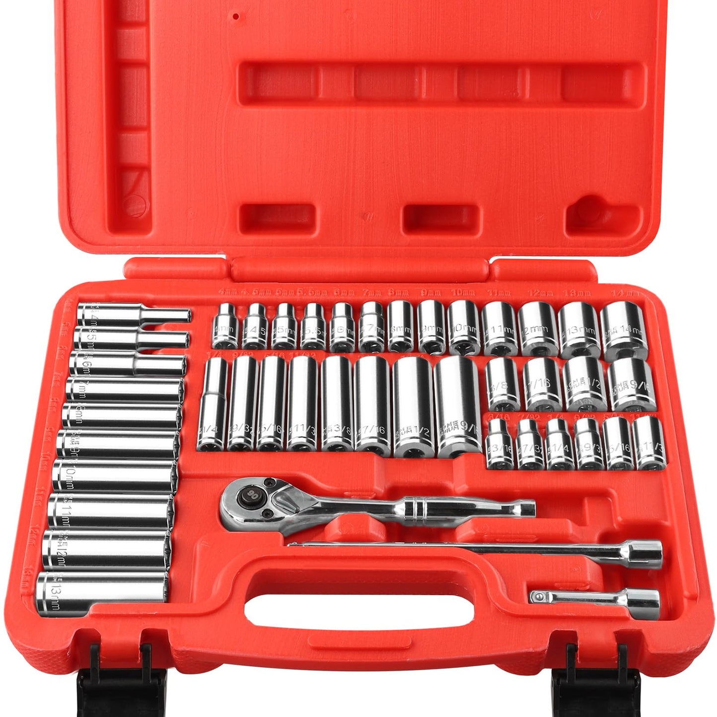 PGROUP 44-Piece 1/4 Inch Drive SAE & Metric Socket Set, Ratchet Socket Set with 90 Tooth Reversible Ratchet Wrench and Extension Bars, Chrome Vanadium Steel