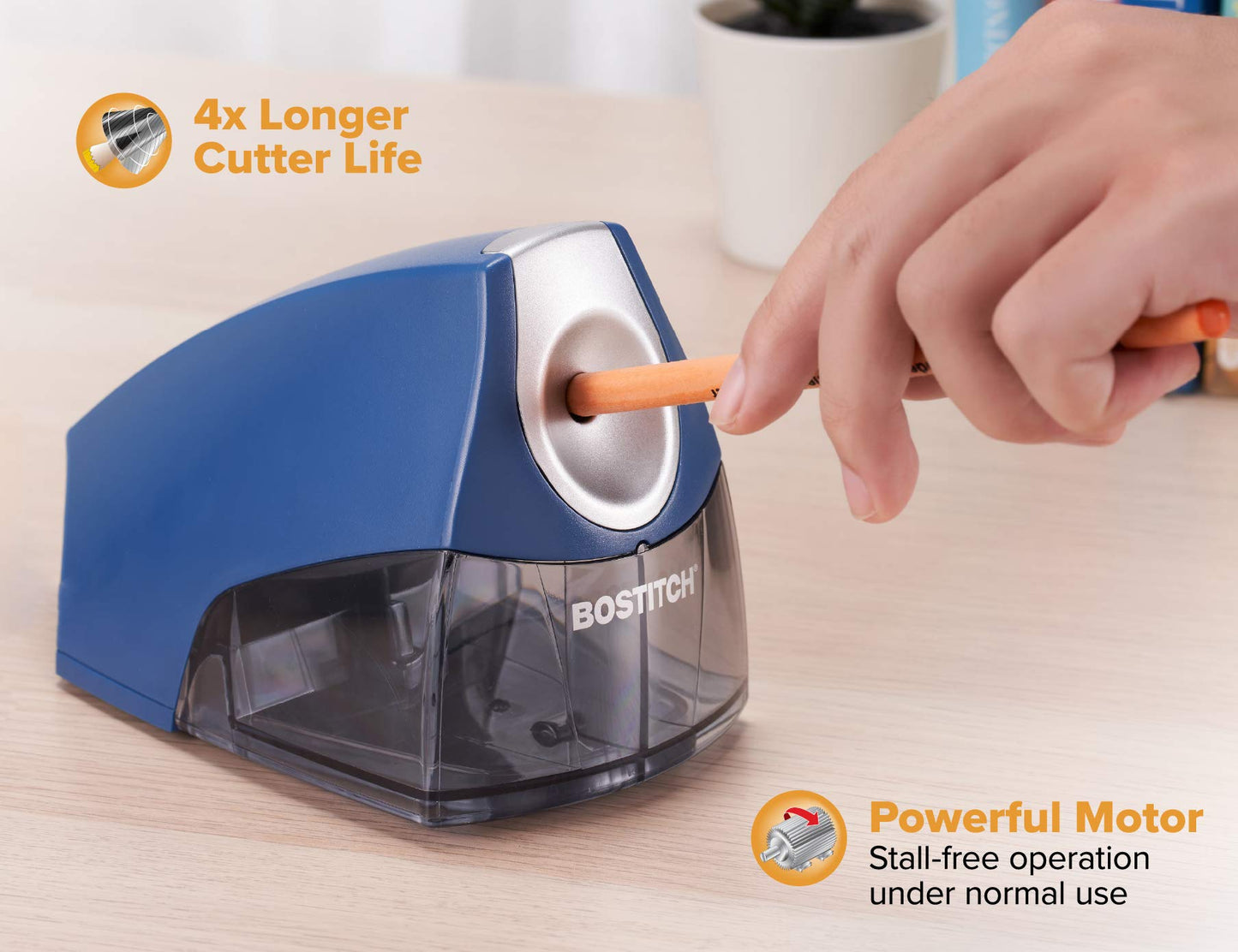 Bostitch Office Personal Electric Pencil Sharpener, Powerful Stall-Free Motor, High Capacity Shavings Tray, 7yr Warranty, Navy Blue (EPS4-KTBLUE)