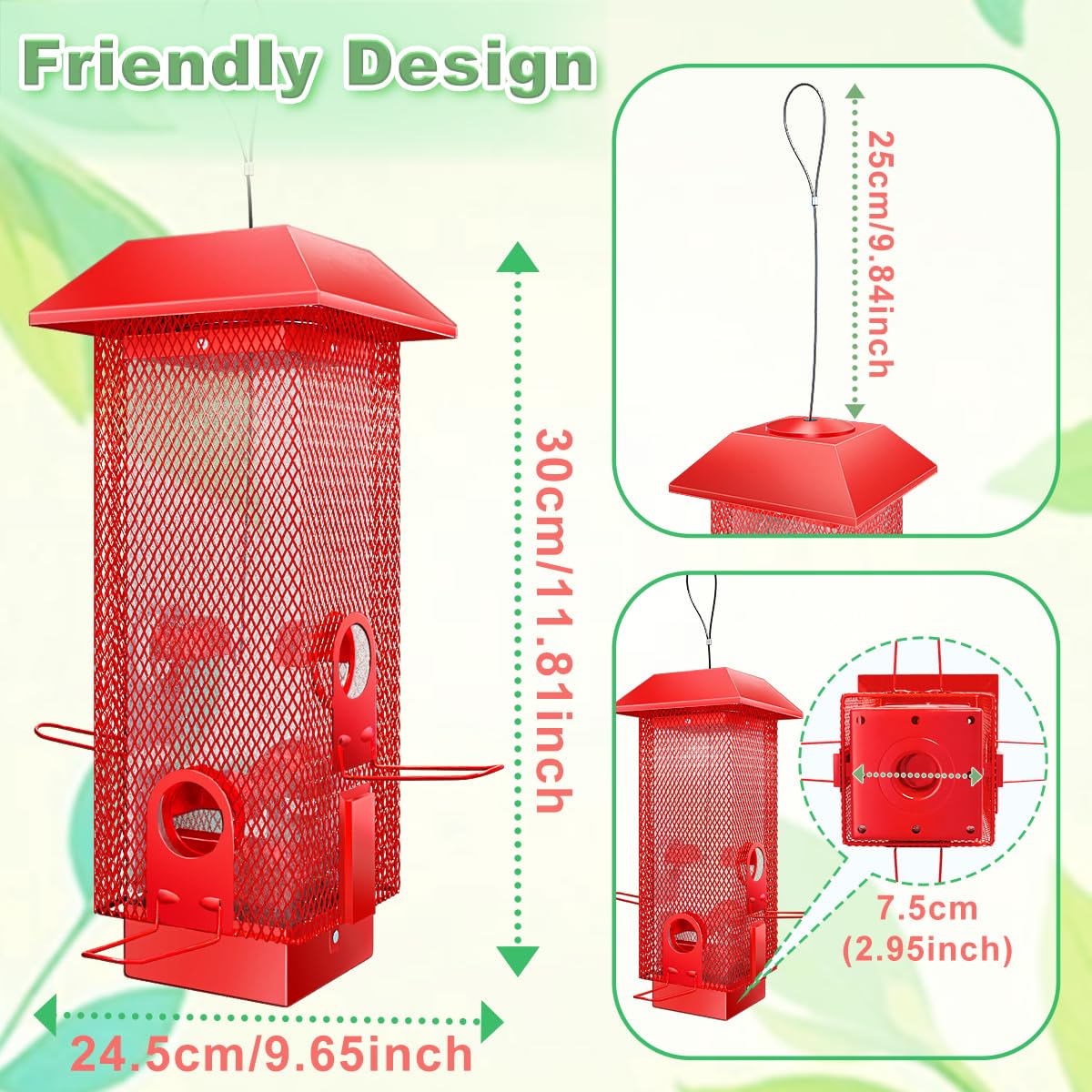 Squirrel Proof Bird Feeder,2.5Lbs Bird Feeders for Outdoors Hanging, Metal Birds Feeder with 4 Feeding Ports, Wild Birds Feeder for Cardinal, Finch, Sparrow (Red)