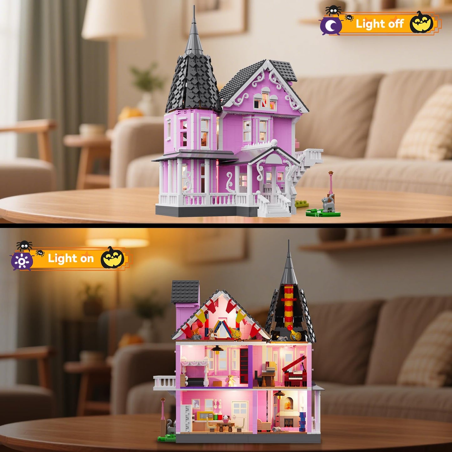 Pink Girls House Building Set with Light, Haunted House Construction Building Toys, Architecture Building Kit for Adults, Halloween for Boys Kids 8-12 (1537 PCS)