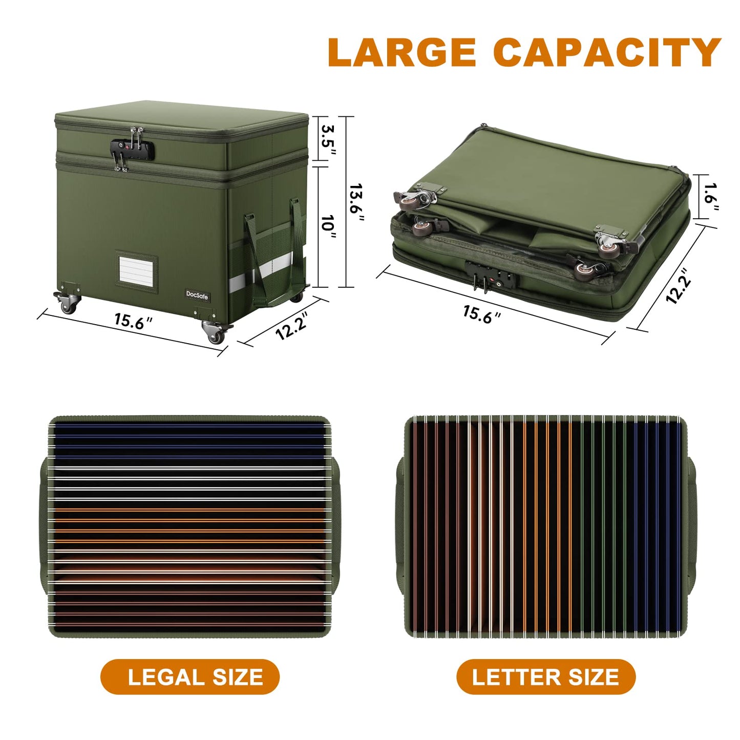 DocSafe File Box with Lock,2-Layer Fireproof Document Box with Wheels,Collapsible Rolling File Storage Organizer with Pockets,Large Portable Home Office Filing Cabinet Safe for Hanging Folders,Green